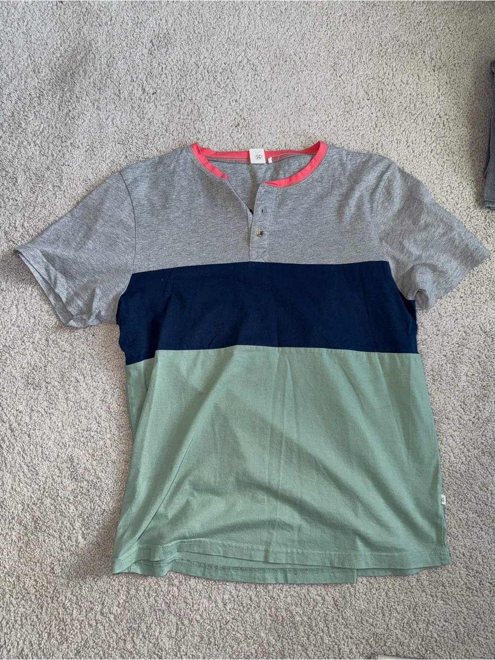 Colorblock Short Sleeve Henley Tee - Gray, Navy & Sage with Coral Trim